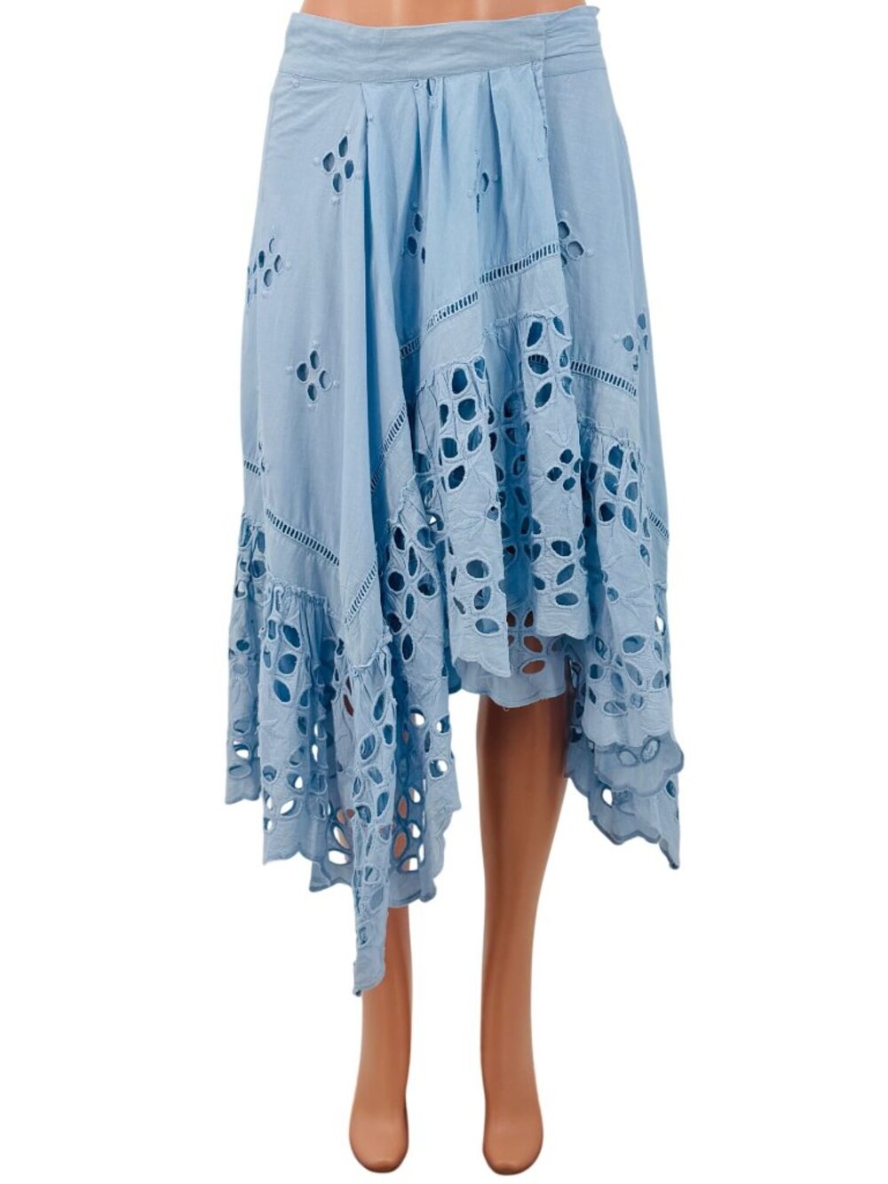 Free People Blue Eyelet Tie Waist Midi Wrap Skirt L | Coastal Boho Cottagecore - Picture 3 of 16